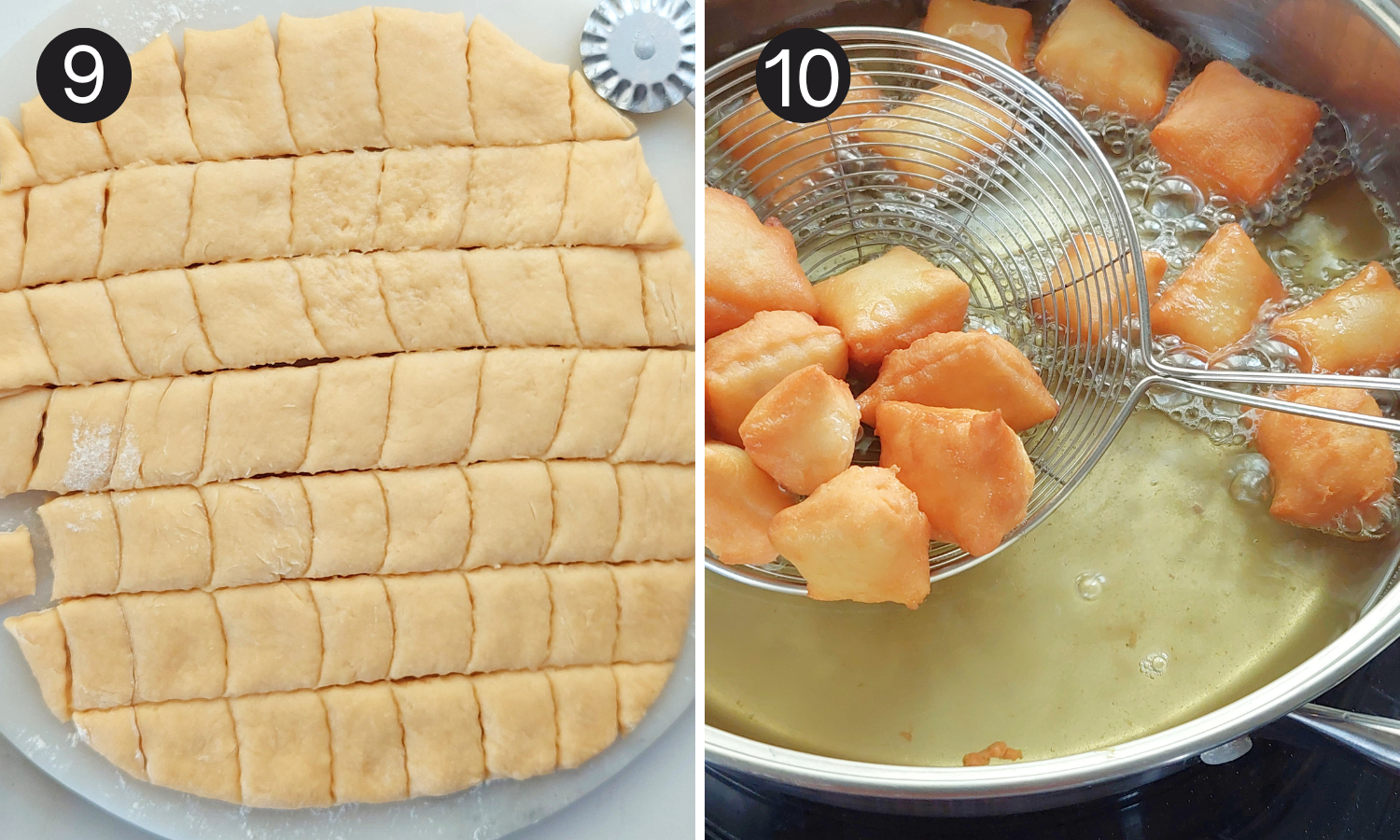 Beignet dough cut into squares and frying in hot oil