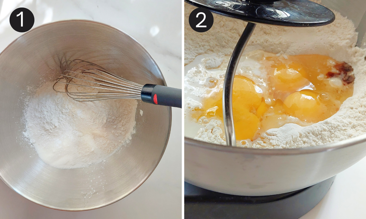 Whisking the dry ingredients and adding the eggs, milk, and vanilla extract.