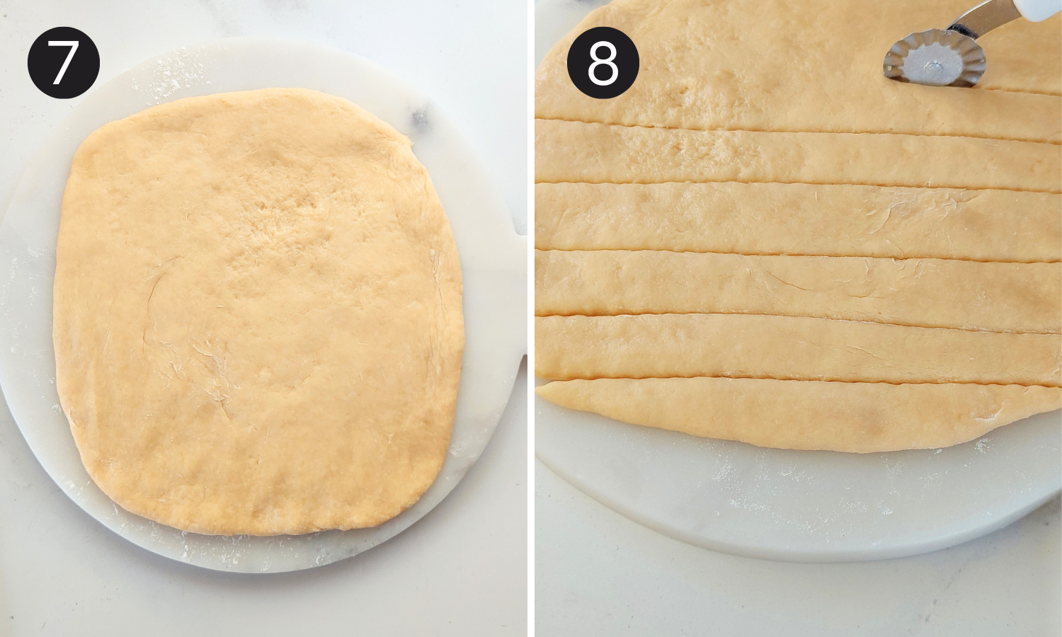 Beignet dough pressed into a rough rectangle and cut into strips