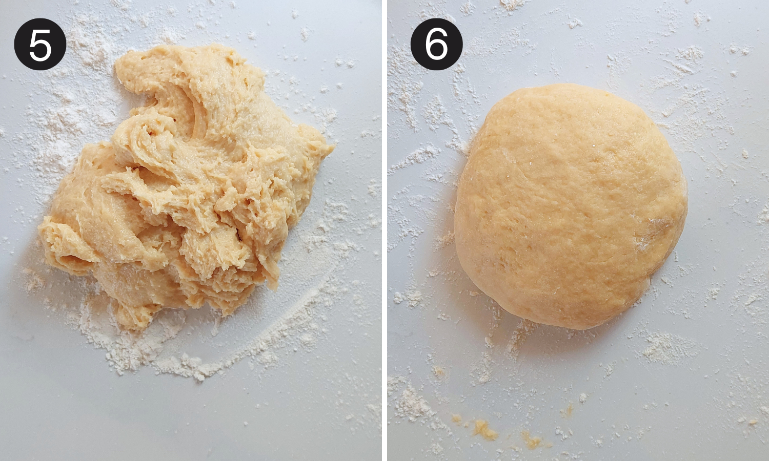 Sticky dough on a floured surface and the dough shaped into a smooth ball