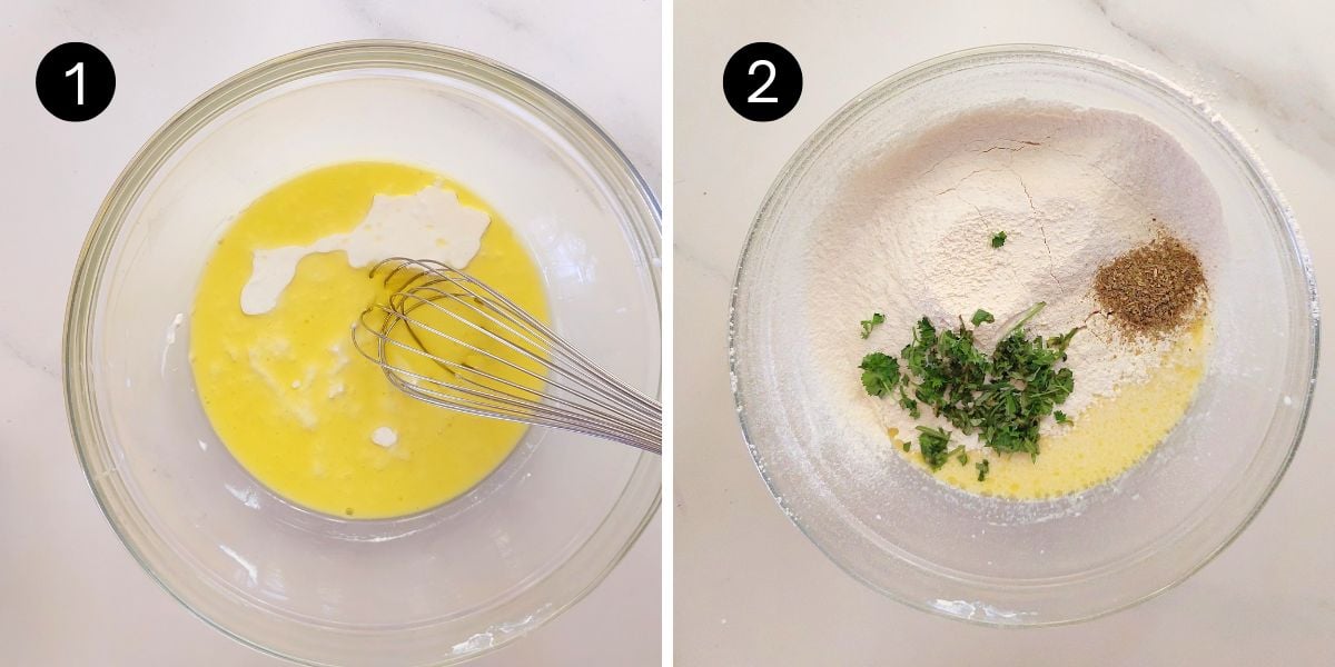 No Yeast Garlic Herb Pull apart bread step 1 and 2 dry and wet ingredients
