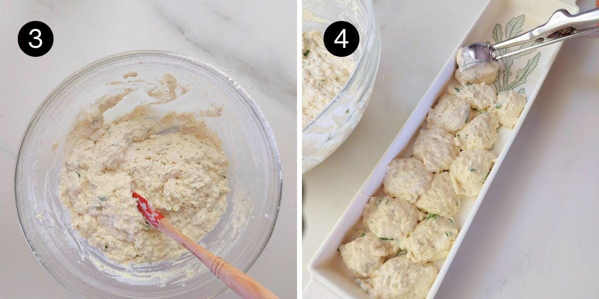 No Yeast Garlic Herb Pull apart bread step 3 and 4 mixing and scooping in pan