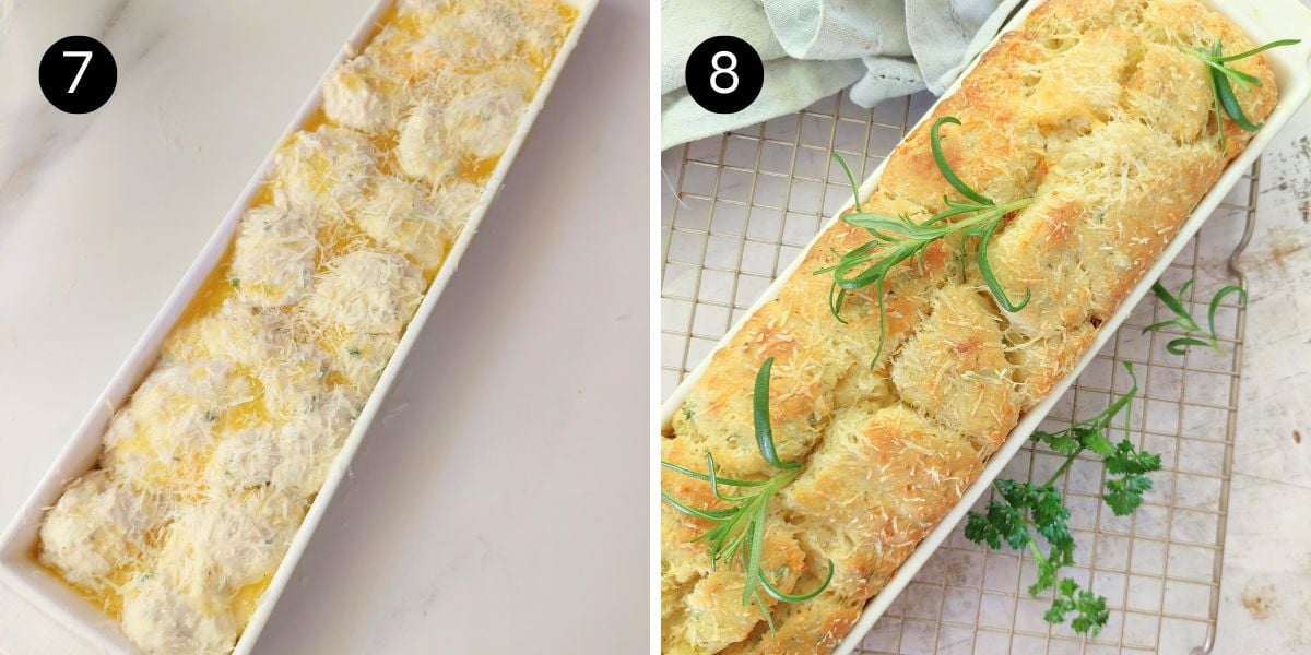 No Yeast Garlic Herb Pull apart bread step 7 and 8 topping with butter and bake