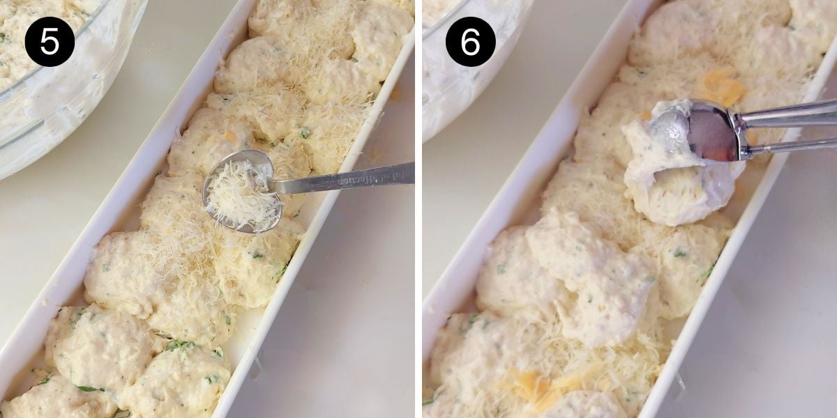 No Yeast Garlic Herb Pull apart bread steps 5 and 6 top with cheese and scooping in pan