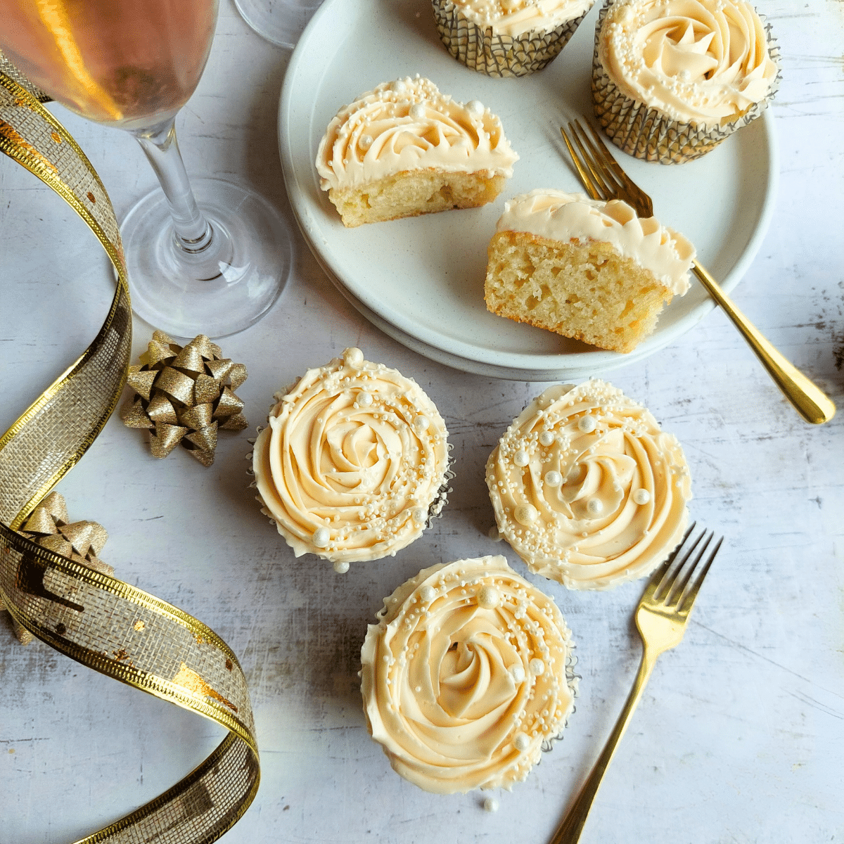 Enjoy special moments with my Celebration Cupcakes infused with the flavor of non-alcoholic sparkling wine.