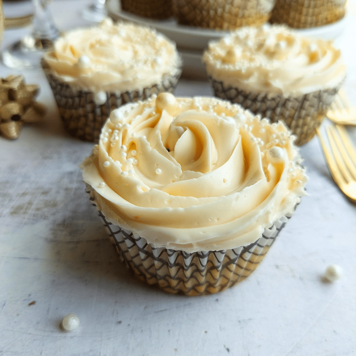 These cupcakes are a perfect blend of non-alcoholic sparkling wine in both the batter and the luscious buttercream topping.