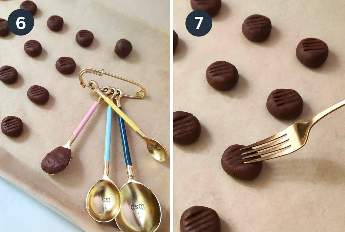 Scoop the chocolate dough out in slightly heaping ½ teaspoon portions and drop them onto a baking tray lined with parchment paper. Shape each portion into a ball.

Use a fork to lightly flatten each rolled-out chocolate dough. Each cookie should be at least 1 inch (2cm) round.