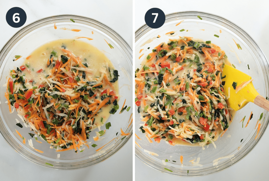 Steps 6 and 7: Pour the egg mixture over the vegetables mixing well to combine. 