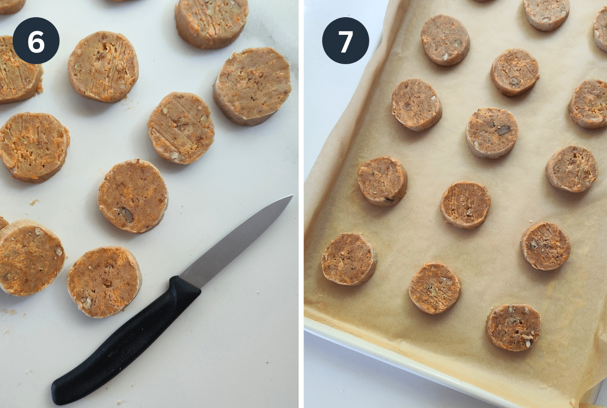 slicing carrot cake butter cookies into portions and baking