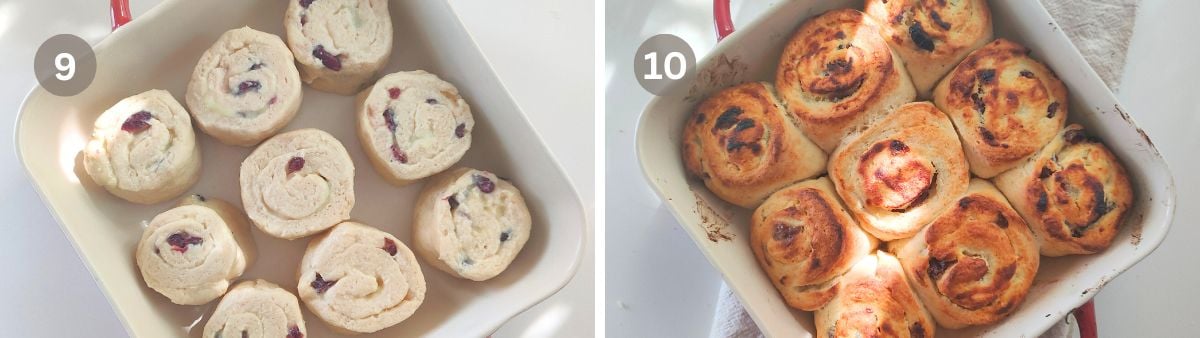 Unbaked rolls in a baking dish and baked golden no yeast lemon curd rolls.