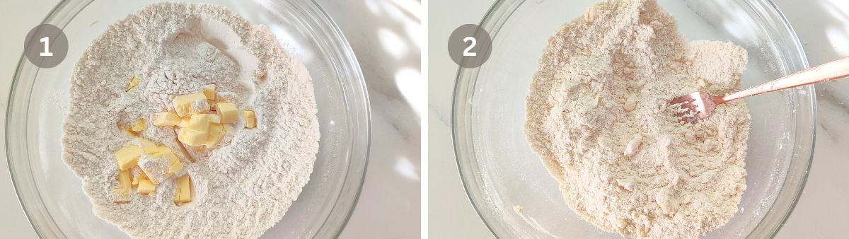 Step 1 and 2 of no yeast lemon curd rolls: flour mixture with butter cubes in a bowl and butter mixed into flour until crumbly.