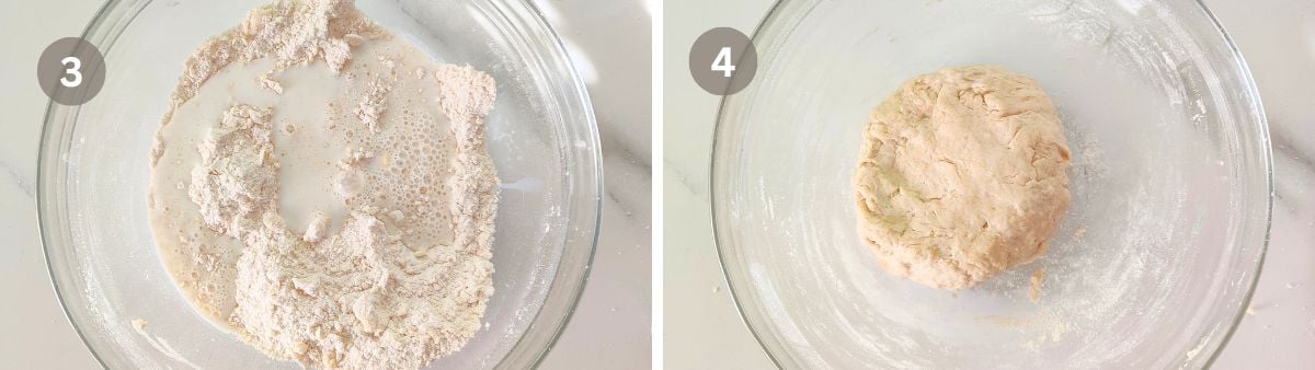 Step 3 and 4 of no yeast lemon curd rolls: milk added to flour mixture and dough formed into a soft ball.