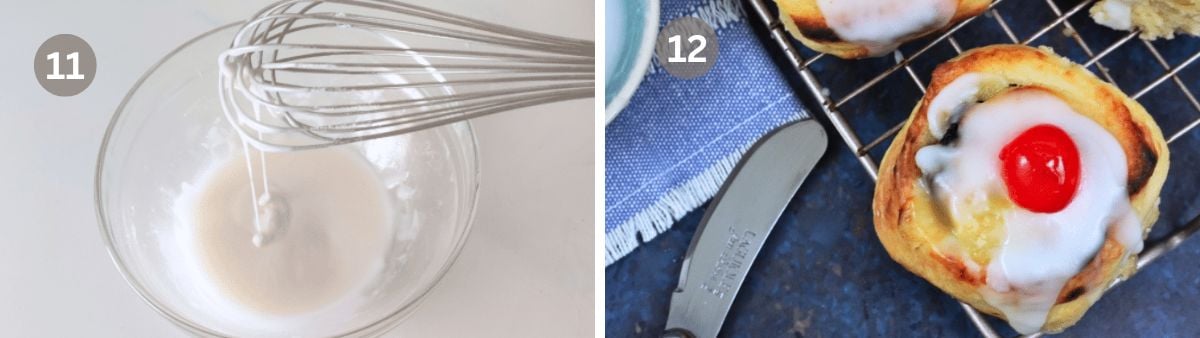 Whisking powdered sugar and milk to make a glaze for no yeast lemon curd rolls.