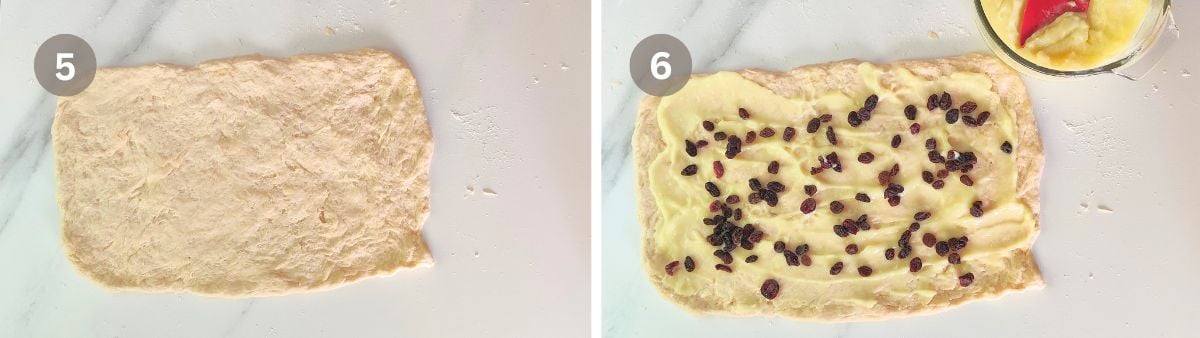 Step 5 and 6 of no yeast lemon curd rolls: dough shaped into a rectangle and spread with lemon curd and raisins.
