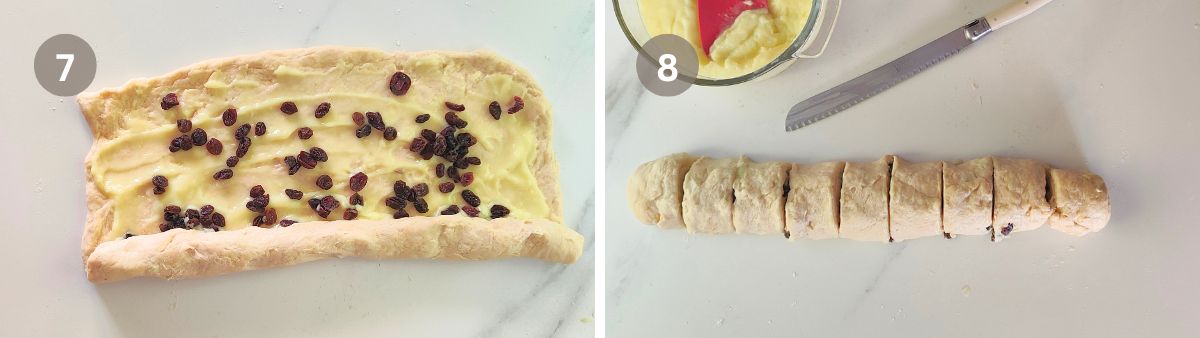 Rolling the filled dough into a log and slicing into pieces for no yeast lemon curd rolls.