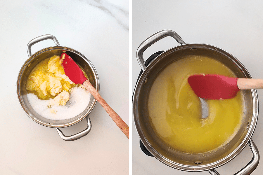 Step 1: Melt ⅔ cup (150g) butter with ½ cup (100g) of sugar over medium heat, stirring until the sugar dissolves. Set aside to cool slightly.