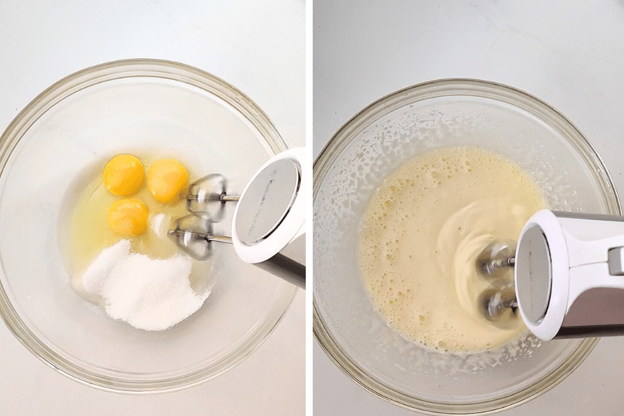 Step 2: In a large bowl, whisk 3 large eggs and another 100g (½ cup) of sugar for about 5 minutes until light, smooth, and fluffy.
