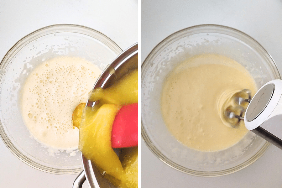 Pour the cooled butter mixture into the egg mixture and whisk for about 1 minute to combine.