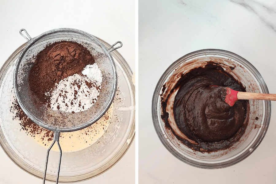 Step 4: Sift in 1 cup (120g) all-purpose flour, ½ cup (60g) unsweetened cocoa powder, ½ teaspoon salt, and ½ teaspoon baking powder. Mix lightly until just combined.