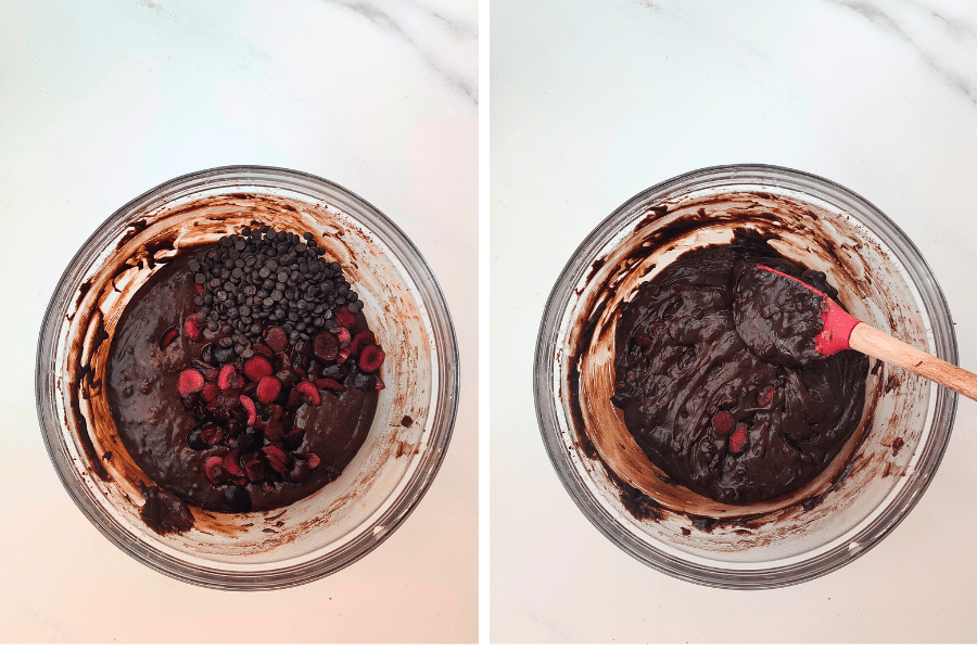 Step 5: Add ½ cup (100g) chocolate chips and 1 cup (150g) quartered, pitted cherries. Mix gently to combine.