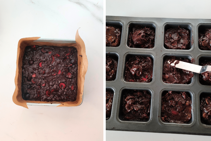 Transfer the batter to a lined 8-inch baking pan or a 12-cavity brownie pan. Bake for 35-38 minutes.