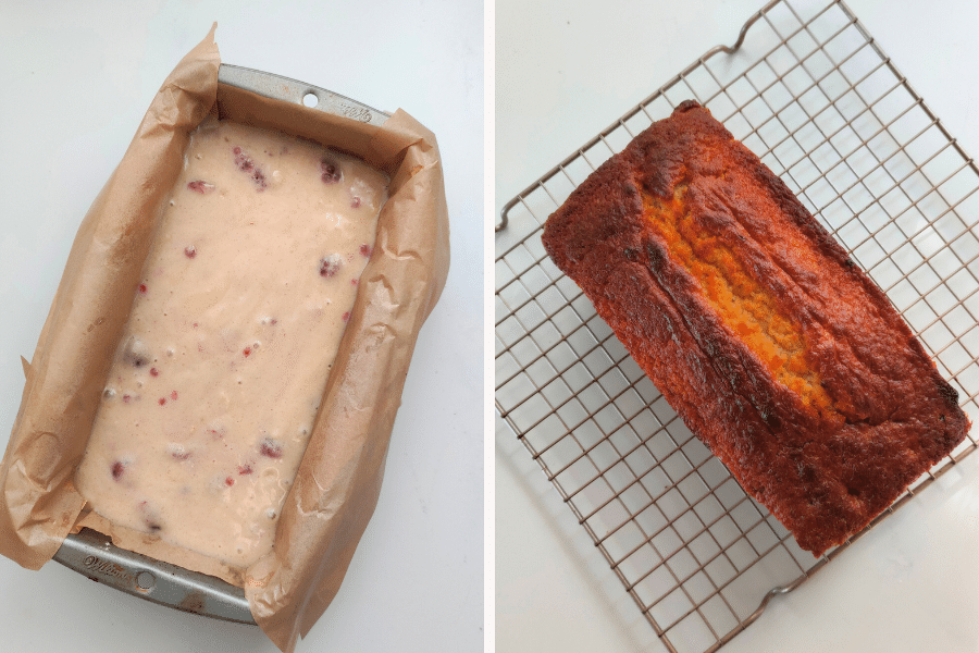 step 5 - pour into lined loaf pan and bake