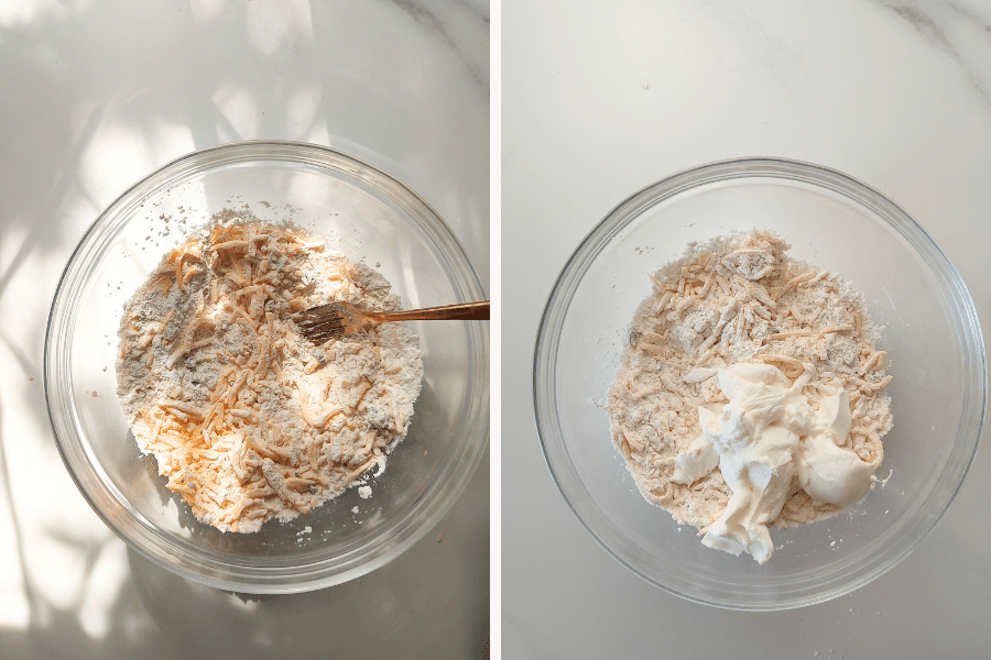 Mix cheese with dry ingredients. Add yogurt and mix