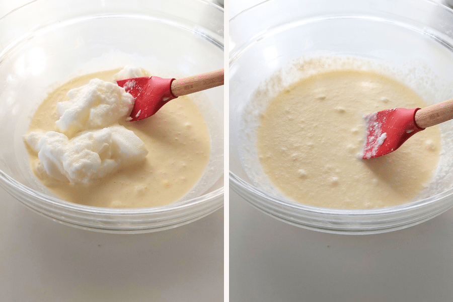 Add beaten egg whites to yolk mixture