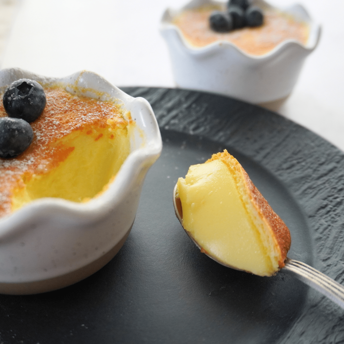 Lemon pudding cake on a plate