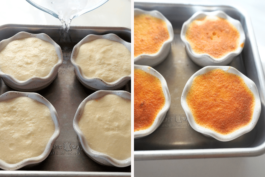 Pour into ramekins and add water to pan and bake