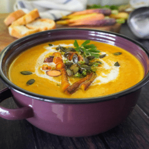 This roasted butternut squash and carrot soup combines sweet vegetables, fresh herbs, rich cream, and a hint of chili spice, all topped with crunchy pumpkin seeds