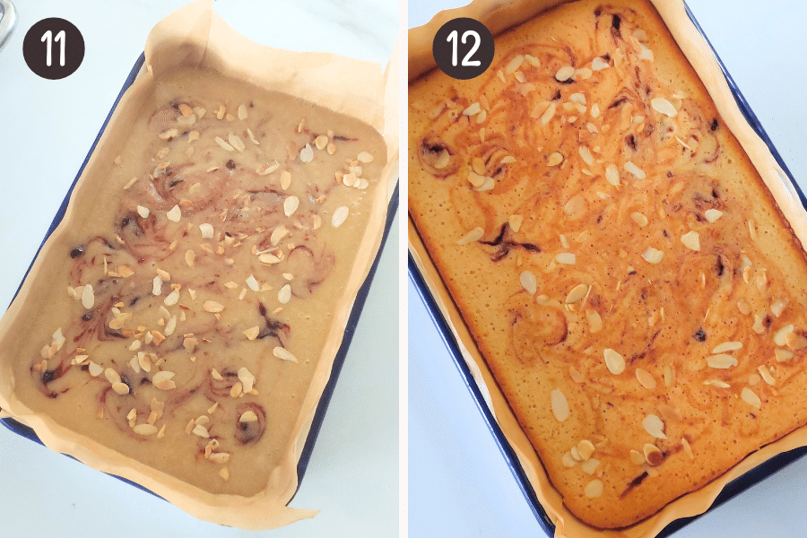 If using, sprinkle flaked almonds over the batter.
Bake for 15–18 minutes, or until golden brown and a toothpick inserted into the center comes out clean.