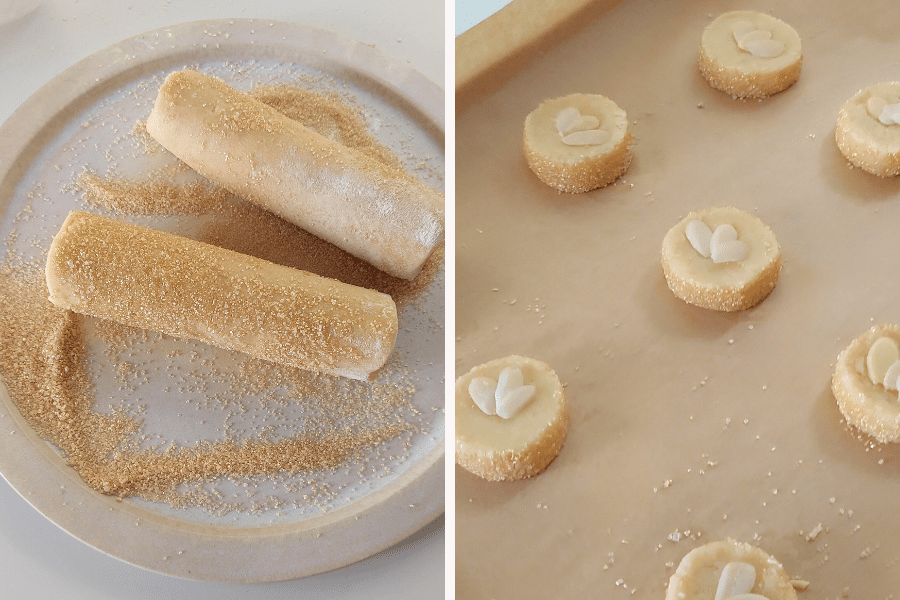 Roll the dough into two logs that are 4 inches (10 cm) long and 1 ¼ inches (3 cm) thick.
Slice each log into 10 cookies, each about ½ inch (1 cm) thick.