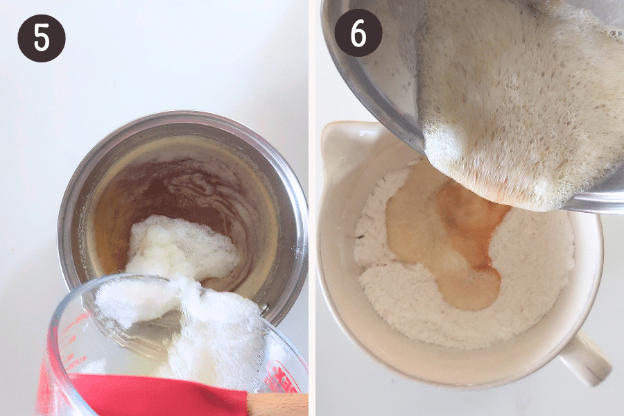 Add the frothy egg whites to the pot with the cooled butter and stir to combine.
Then add this mixture to the dry ingredients