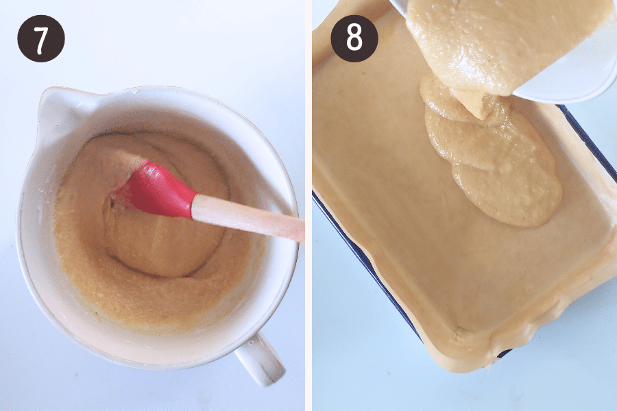 Fold gently until combined.
Pour the batter into the prepared pan and spread it evenly using an offset spatula or by gently tilting the pan to level it out