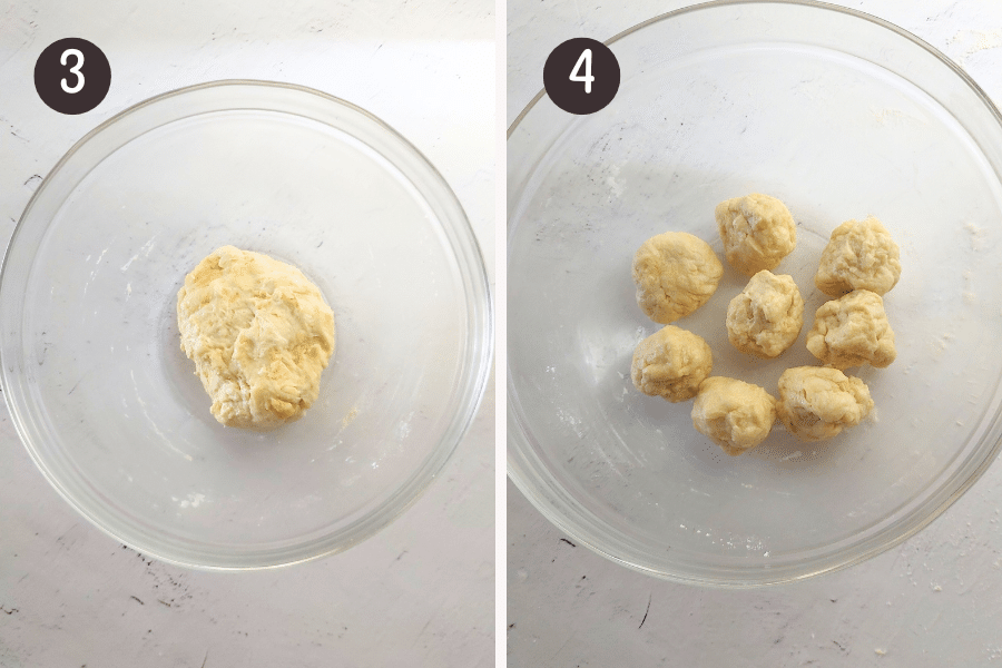 Rest the Dough: Cover the dough with plastic wrap or a lid and let it rest at room temperature for 30 minutes.
Once the dough has rested, divide it into 8 pieces.