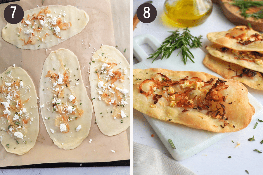 Toppings: I used caramelized onion, crumbled feta, and chopped fresh rosemary, but you can also add other toppings like fresh or dried herbs, chili flakes, crushed garlic, or coarse salt.
Alternatively, you can bake them without toppings, they’re still just as delicious.
Bake the flatbreads for 12–15 minutes, or until golden and crispy.