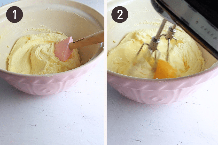 Cream butter and sugar with a hand mixer for 3–5 minutes until light and fluffy.
Add eggs one at a time, mixing well after each addition. Stir in vanilla extract.