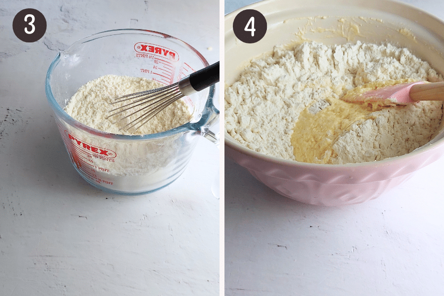In a separate bowl, whisk together the flour, baking powder, and salt.
Fold the dry ingredients into the butter mixture (gently stir and lift with a spatula until just combined, don’t overmix).