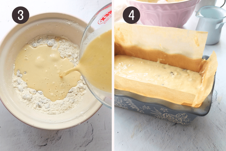 Pour the dry ingredients into the wet ingredients and mix until just combined.
Pour the batter into the prepared loaf pan and smooth the top. Bake for 50-60 minutes, or until a toothpick inserted in the center comes out clean.