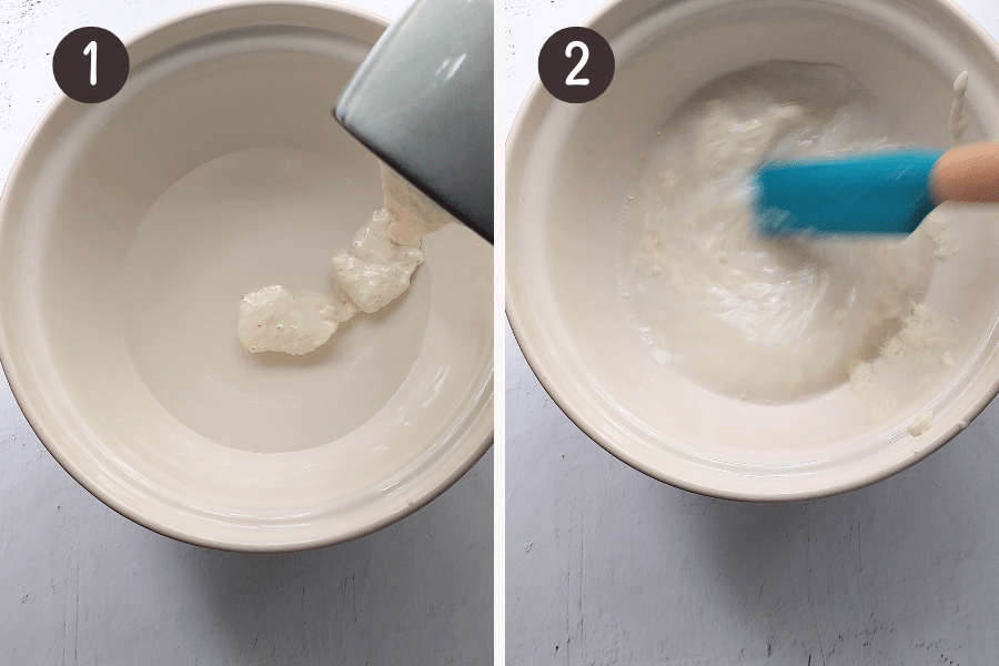In a large mixing bowl, combine ½ cup (100g) active sourdough starter and 1 cup (250ml) lukewarm water.
Mix until combined
