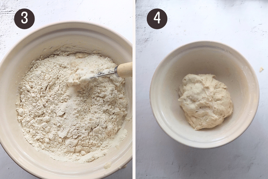 Add 4 cups (500g) white bread flour, 1 tablespoon (20g) white granulated sugar and 2 teaspoons (10g) salt. Mix with a dough whisk or your hands until a soft dough forms.
Cover the bowl and let the dough rest for 30 minutes.
