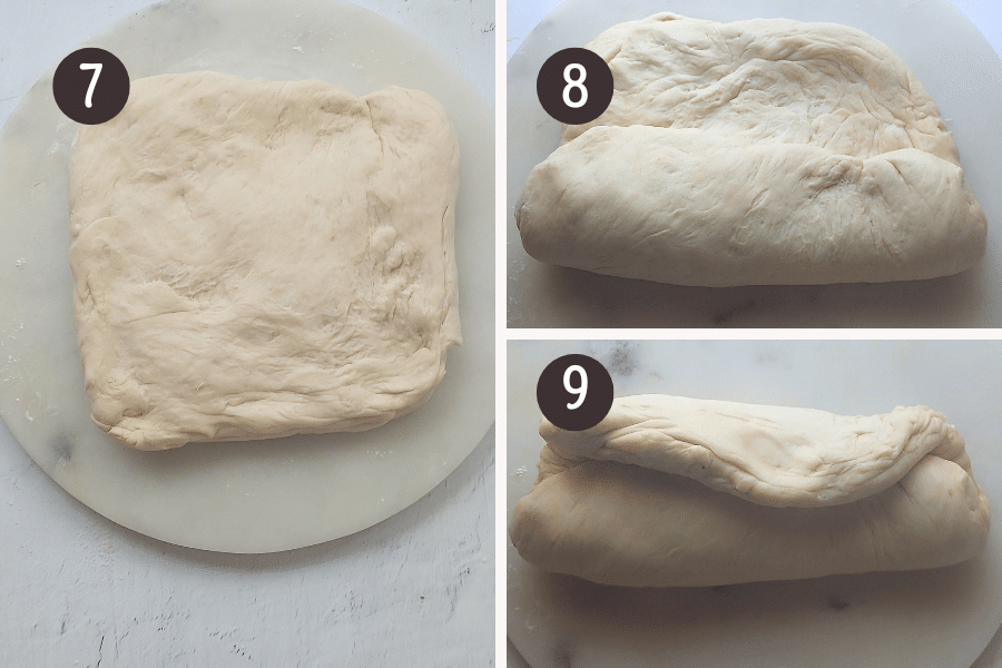 Gently turn out the dough onto a lightly floured surface. Press the dough into a square that’s about 9 inches (23 cm) wide.
Fold the bottom half of the dough up halfway.
Fold the top down over the bottom half.