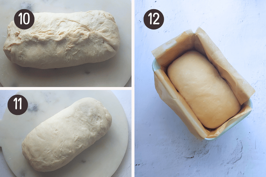 Fold the ends in and pinch the seams to seal.
Turn the loaf over so the seam is on the bottom.
Place it seam side down in a greased, lined loaf pan, tucking the ends if needed. Handle gently to keep it airy.