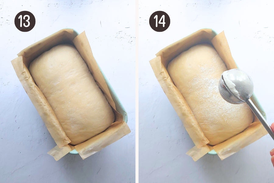 In the morning, take the dough out of the fridge, it should have doubled in size.
You can leave it plain or lightly dust it with rice or bread flour for better scoring contrast (optional).
