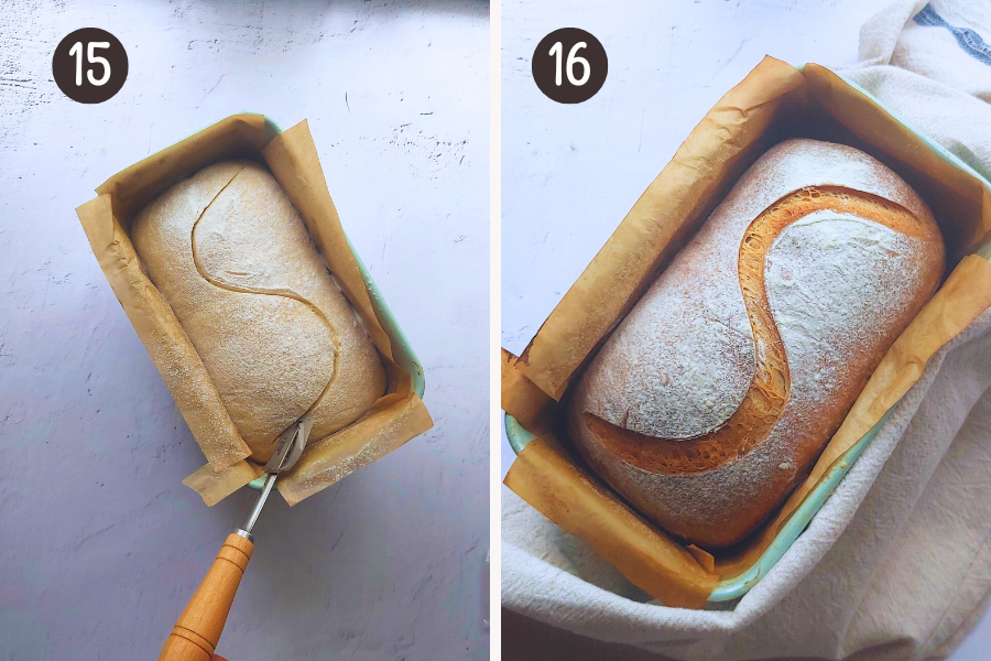 Using a sharp knife or razor blade, carefully make a cut that's ¼ to ½ inch (0.6 to 1.3 cm) deep cut along the top of the dough, either straight from end to end or in an S pattern. Let the dough sit at room temperature for 20 minutes while you preheat the oven.
Preheat the oven to 375°F (190°C). Bake for 35-40 minutes, or until golden brown. If the top of th