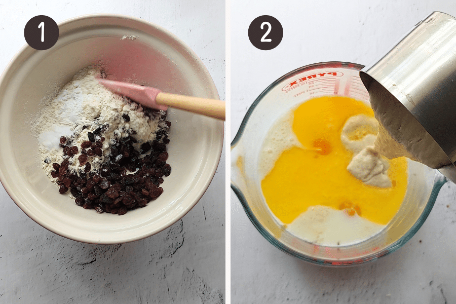 Dry ingredients: In a large mixing bowl, whisk together the flour, salt, baking powder, baking soda, cinnamon (if using), and raisins.
Wet ingredients: In a separate mixing bowl, whisk the sourdough starter, milk, melted butter, eggs, and sugar until smooth.