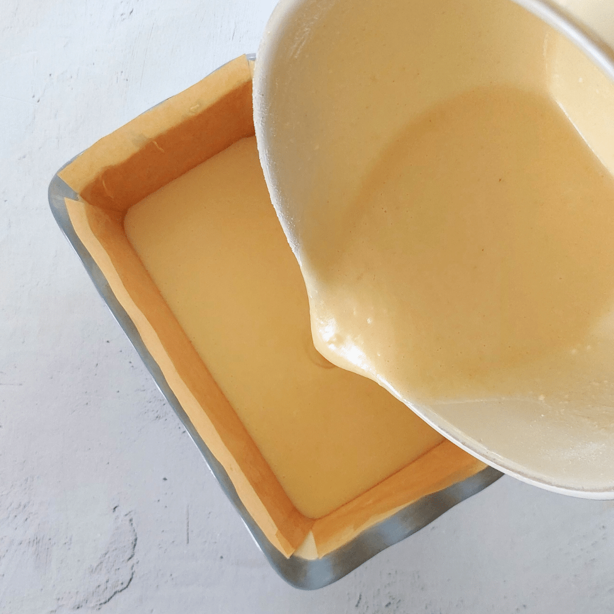 Pour the batter into the prepared loaf pan