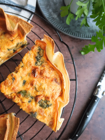 Egg free quiche with tortilla crust on cooling rack