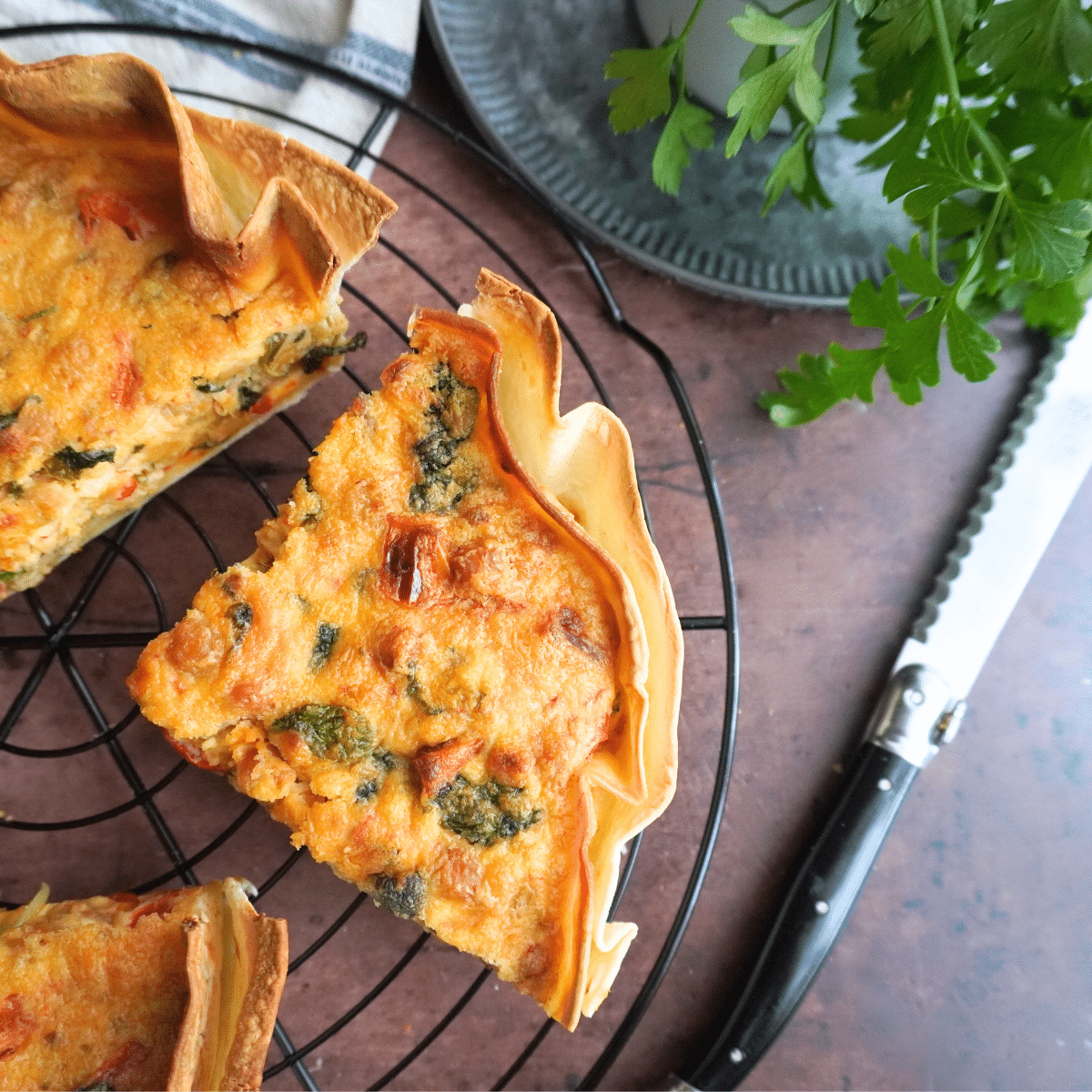 Egg free quiche with tortilla crust on cooling rack